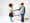 Two kids shaking hands, in the background is a table with graphs